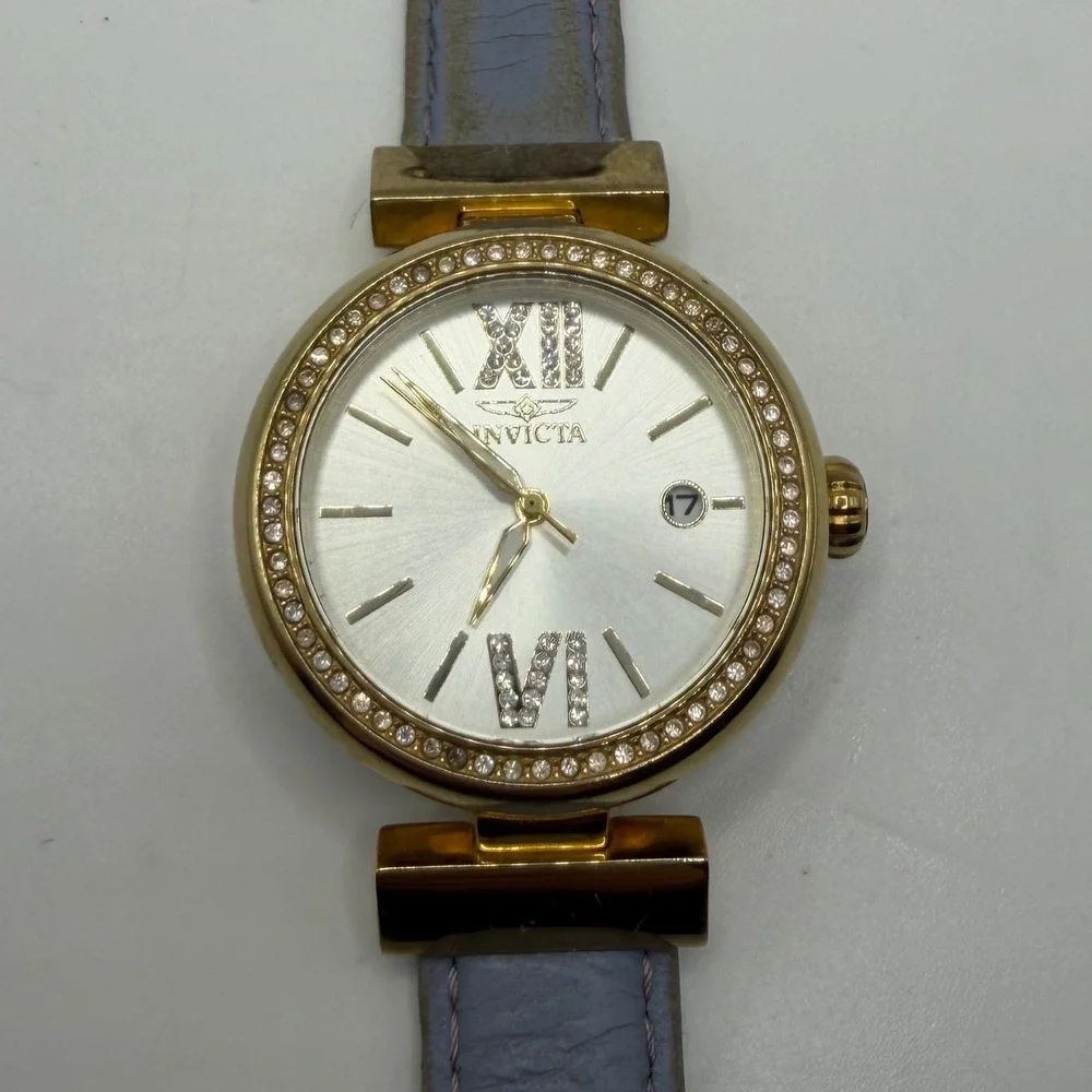 Invicta Wildflower 15543 Gold Tone Crystal Bezel Purple Leather Watch Womens